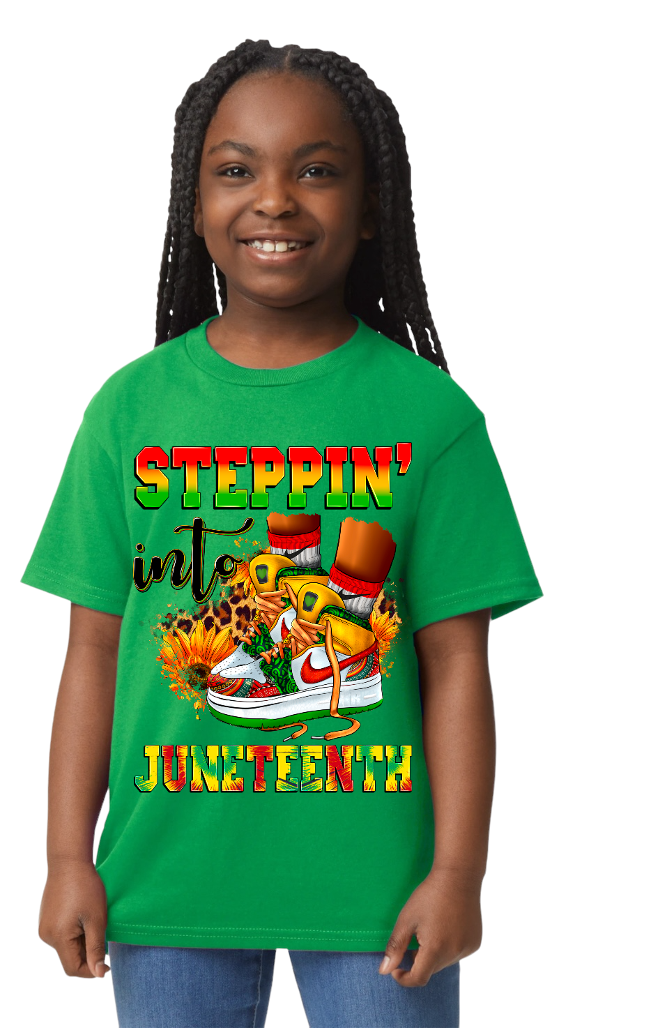 Steppin Into Juneteenth in sneakers Kids Edition Shirts