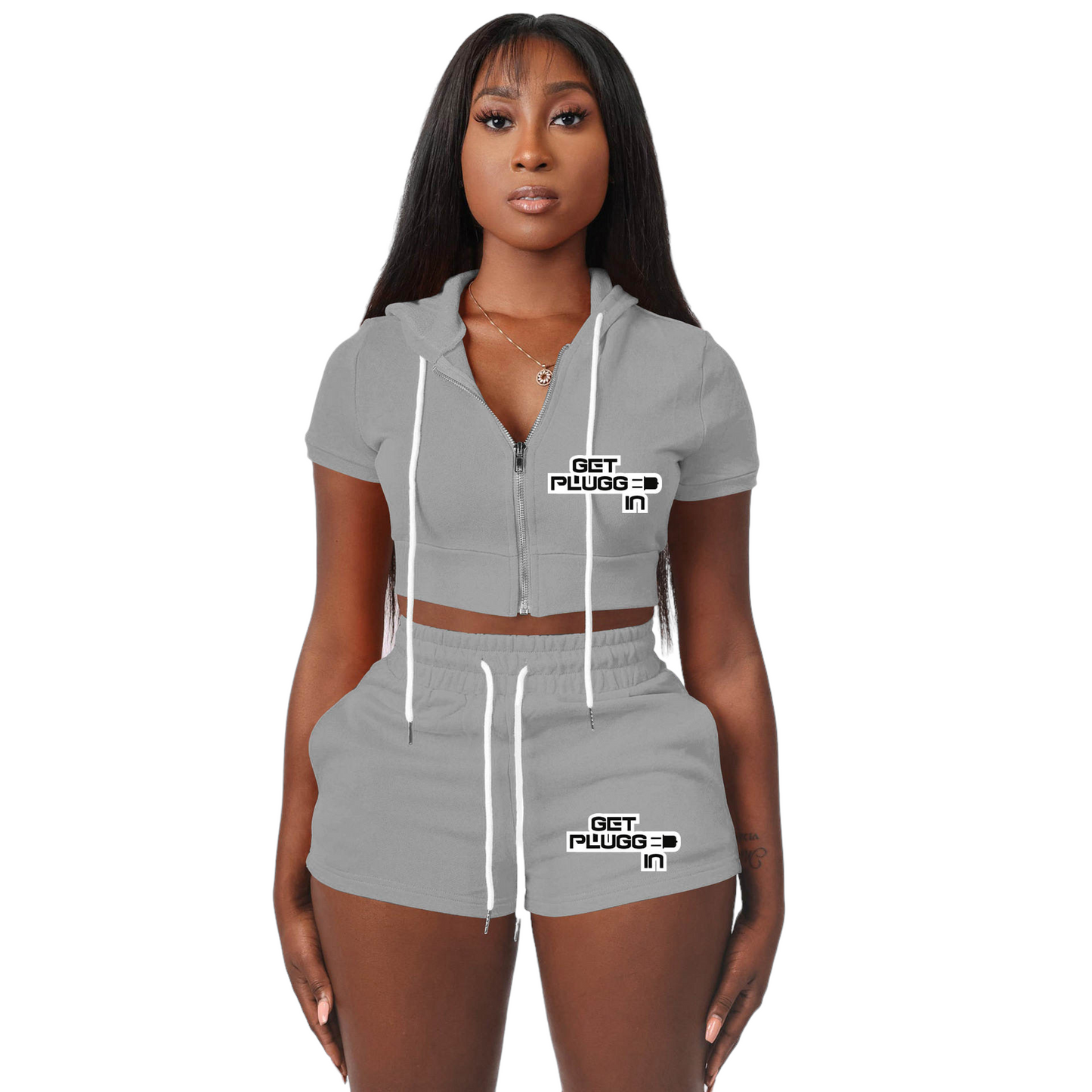 Get Plugged In Crop Top Hoodie Shorts Sets