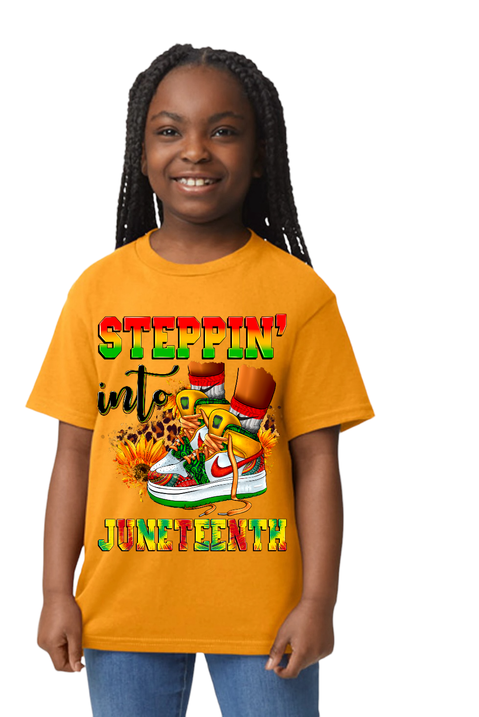Steppin Into Juneteenth in sneakers Kids Edition Shirts